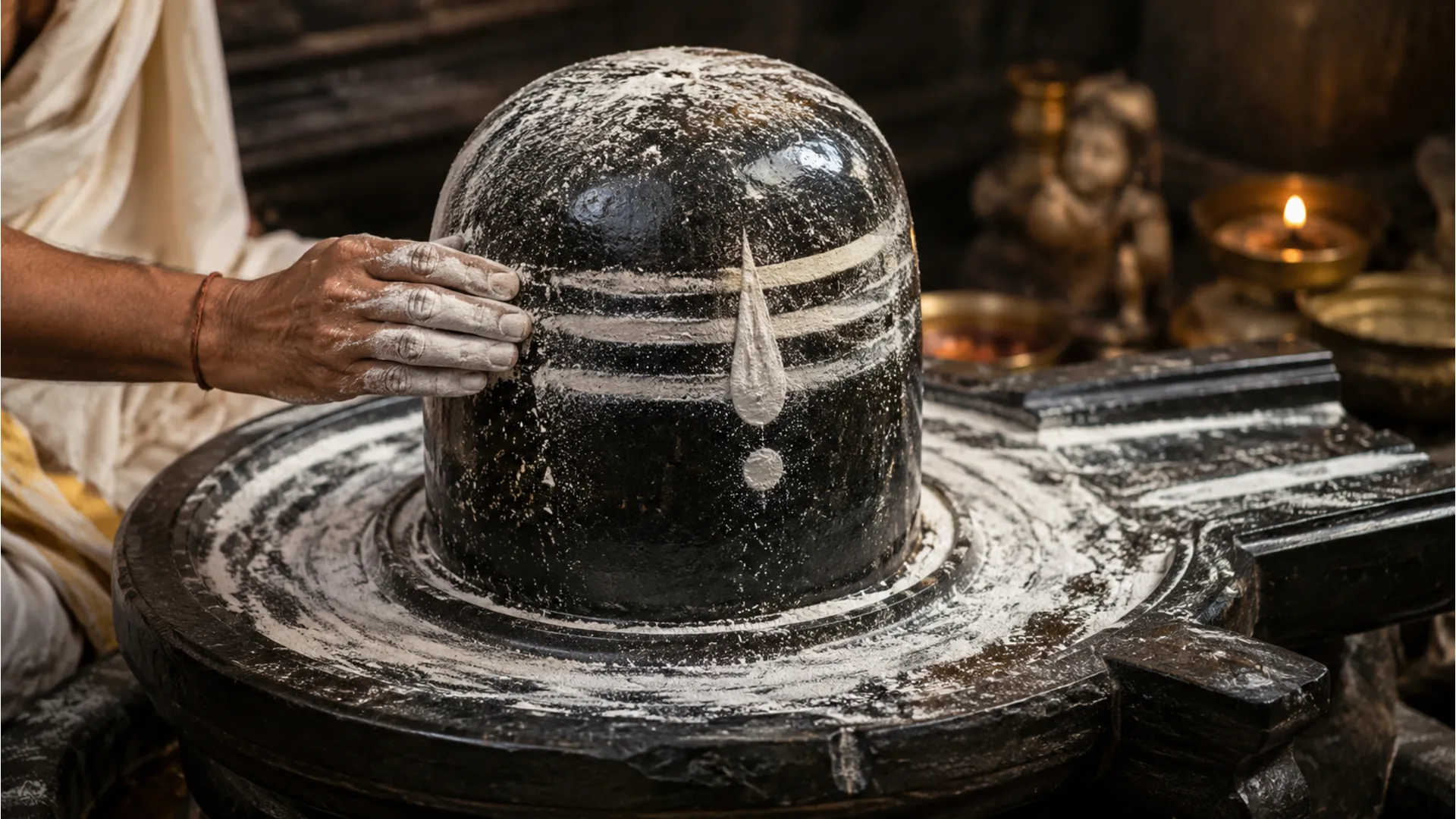 Sacred holy ash spread elegantly across the surface of Deoghar shivling.