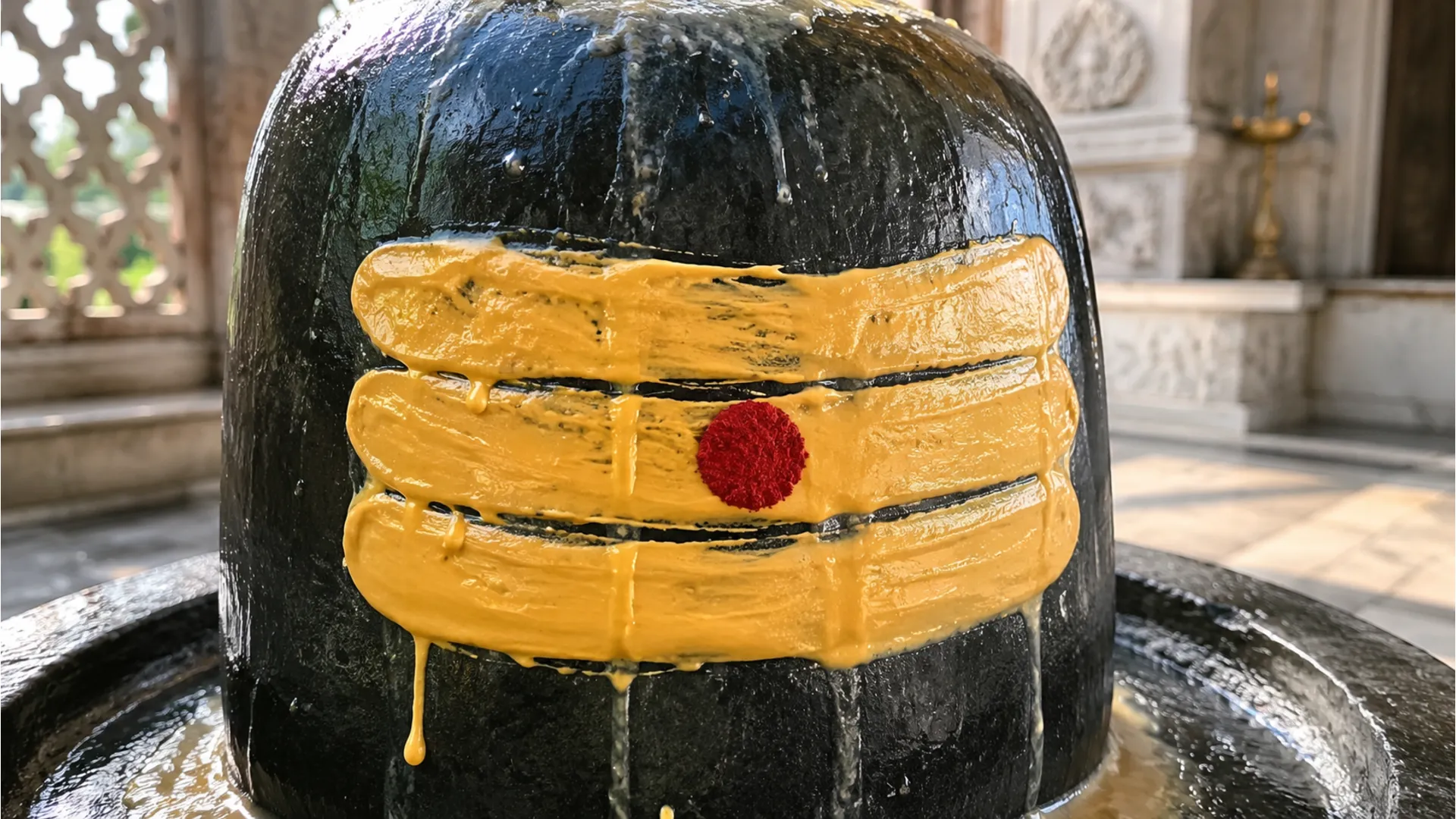 A thick, aromatic yellow sandalwood paste being applied smoothly over a sacred stone Shivling.