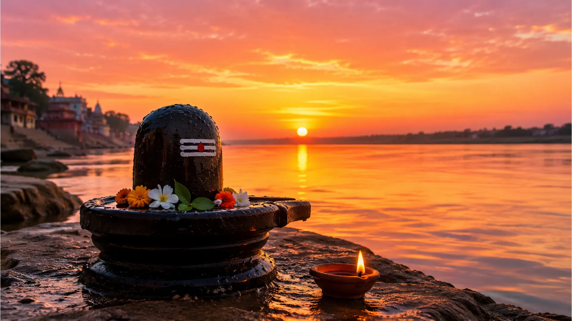 A small stone Shivling on the rocky banks of the Ganga river during a vibrant golden sunrise.