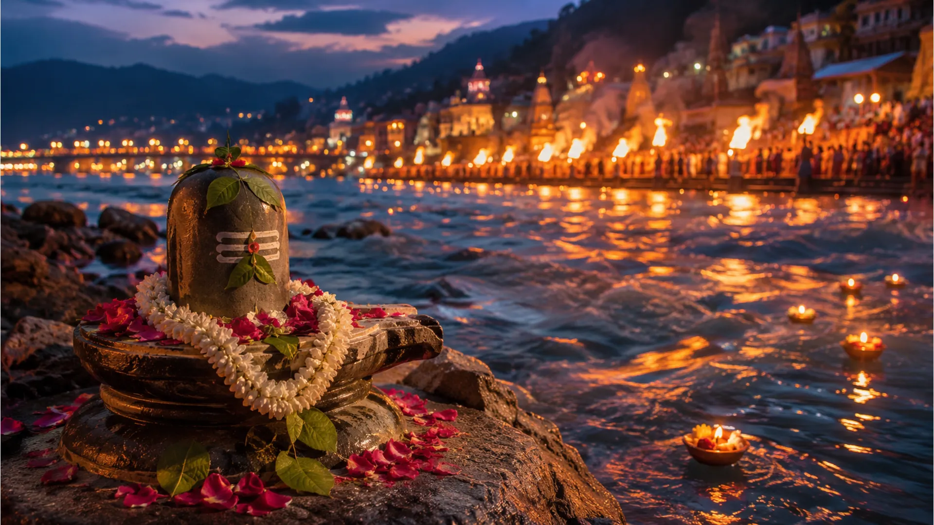 Beautifully decorated Shivling on the banks of river Ganga during evening aarti.