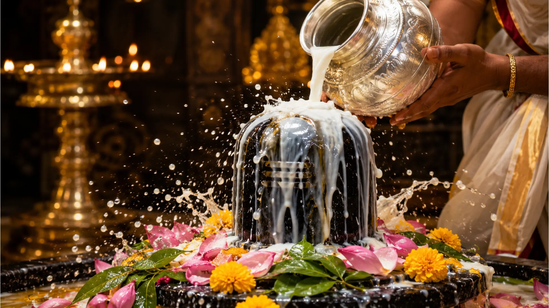 Full HD close-up photo of milk, honey, and curd being poured over a Shivling during Shivratri festival.