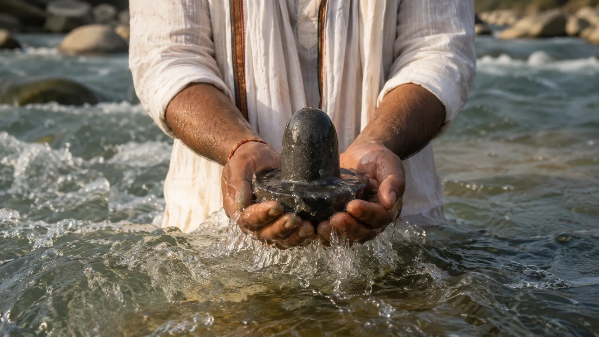 Devotee holding a stone Shivling in hands submerged in the flowing water of a holy river