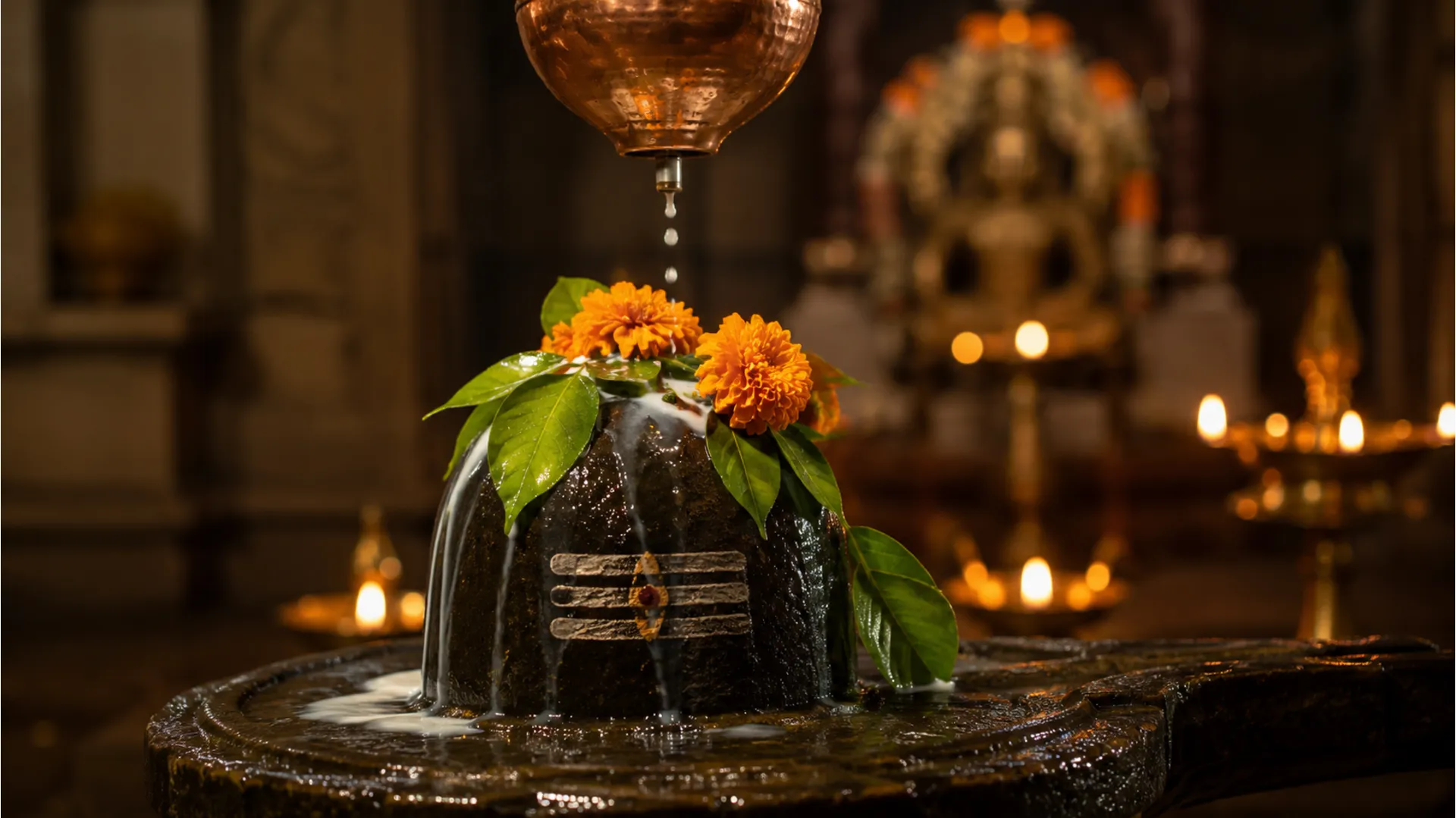 Sacred Shiva Lingam decorated with flowers and water offering, spiritual wallpaper