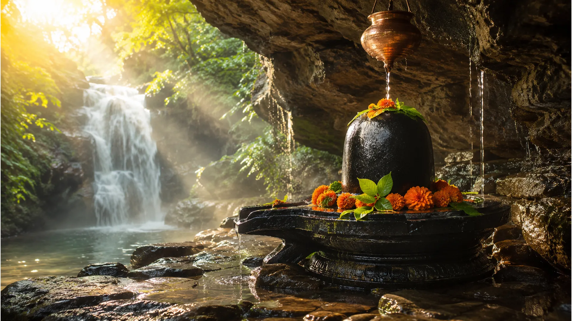 Sacred Shiva Lingam wallpaper under a waterfall for Har Har Mahadev ke photo.