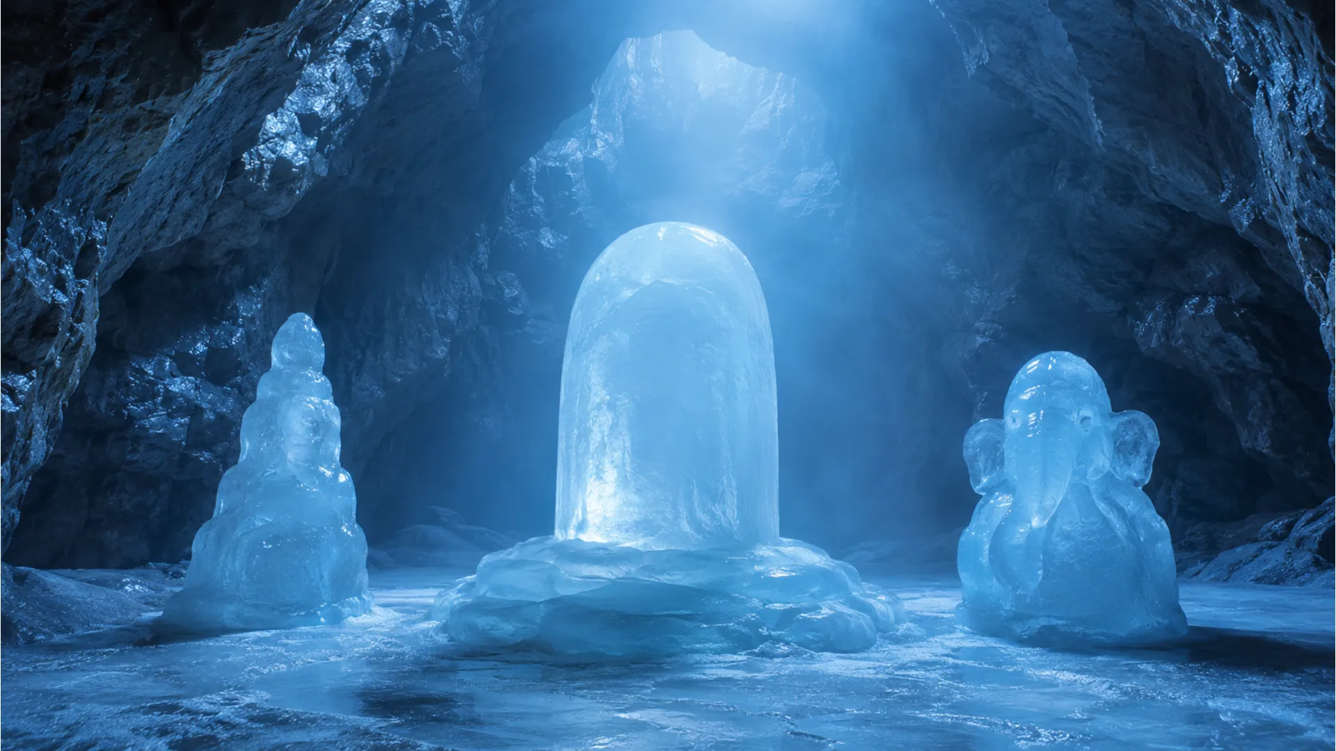 Three natural ice formations representing Lord Shiva, Goddess Parvati, and Lord Ganesha.