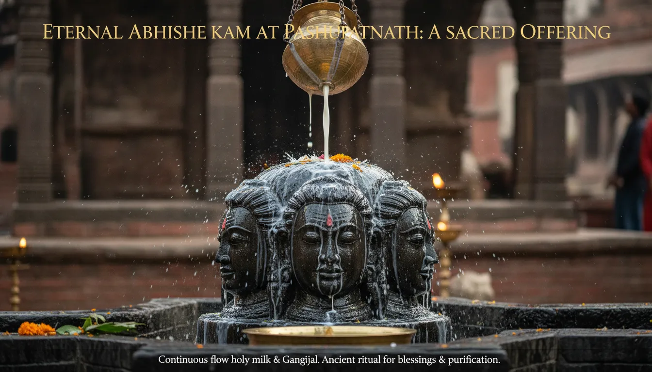 Ritual liquid offering and images of shivling at pashupatinath temple during the holy milk and water Abhishekam.