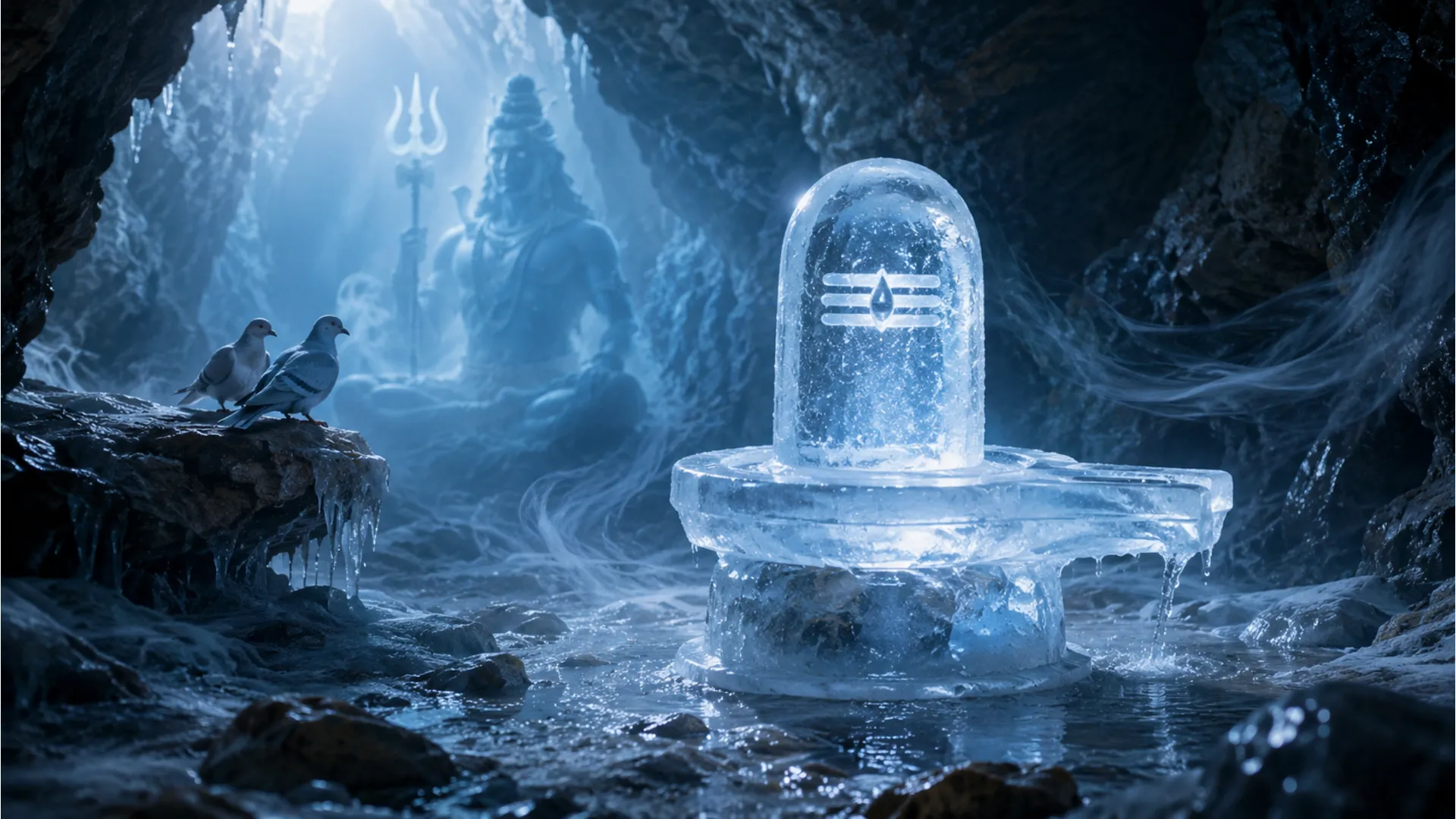 Natural ice shivling interacting with elements of water, air, and earth inside a cave.
