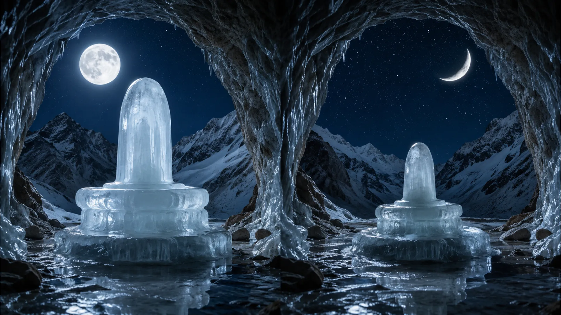 Ice shivling changing size according to the lunar cycle phases.