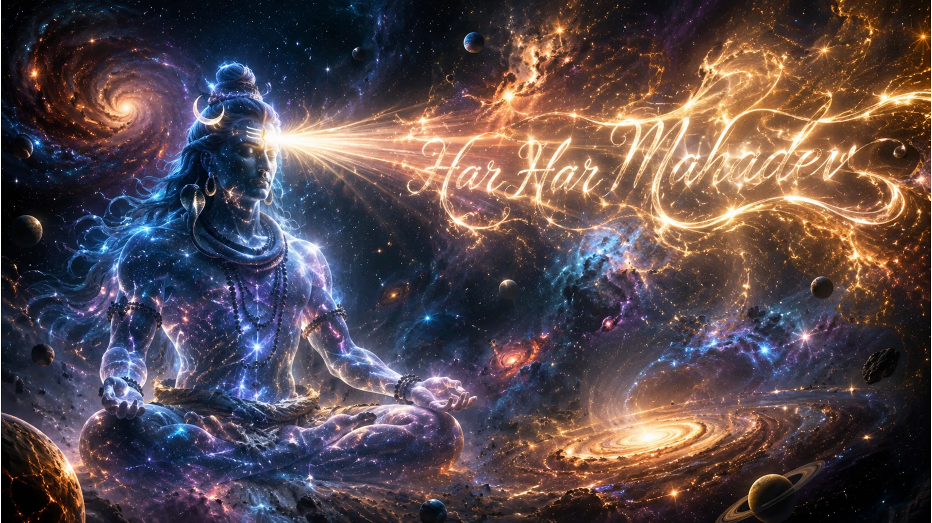A powerful high-quality clear photo camera digital illustration of a meditating Lord Shiva in deep space, radiating light as a pulse forming the text 'Har Har Mahadev' propagates outwards, dissolving negative energy.