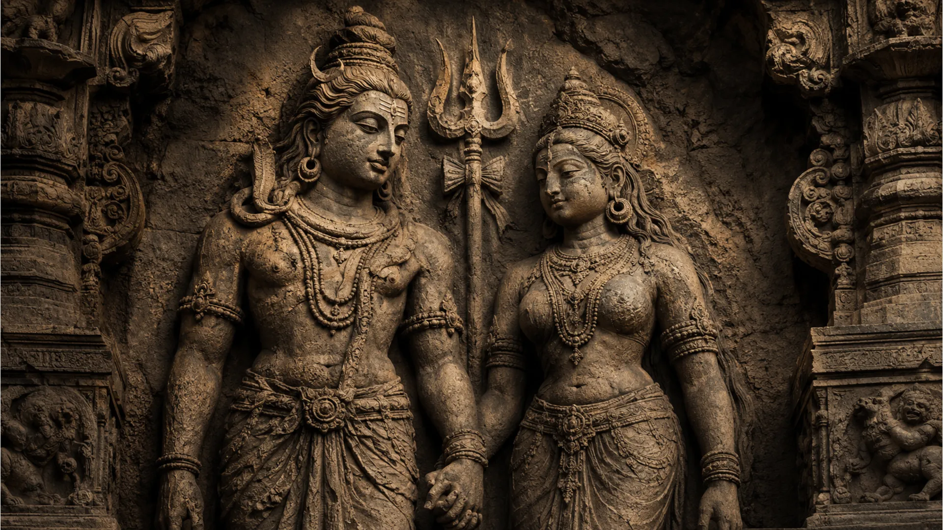 ancient stone temple carving style shiva parvati holding hands sculpture trishul detail