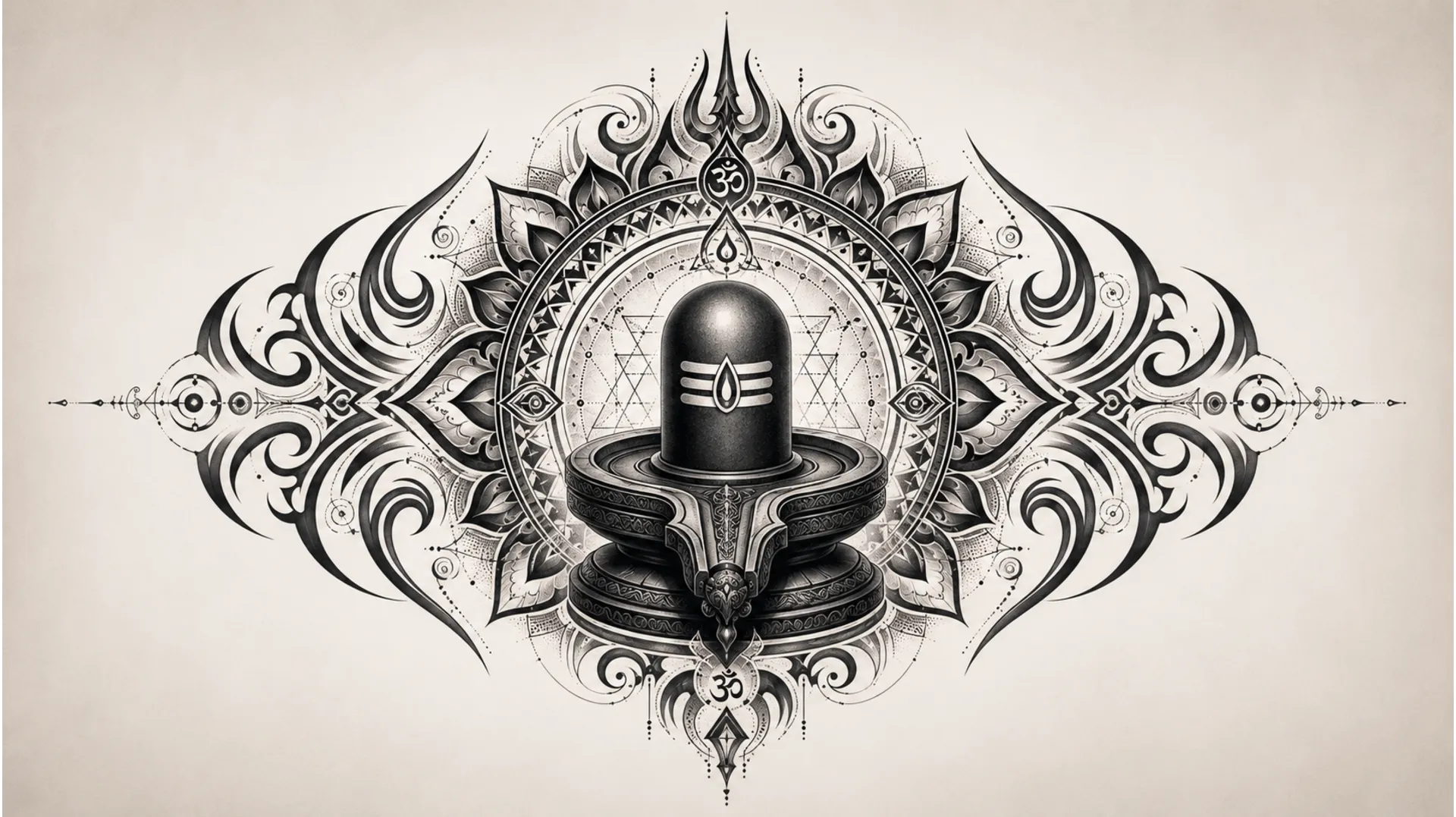 Full upper back tribal mandala shivling tattoo image featuring symmetrical geometric patterns and sacred geometry.