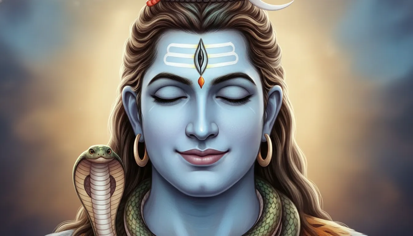 Close-up face of Lord Shiva with serene expressions and blue throat.