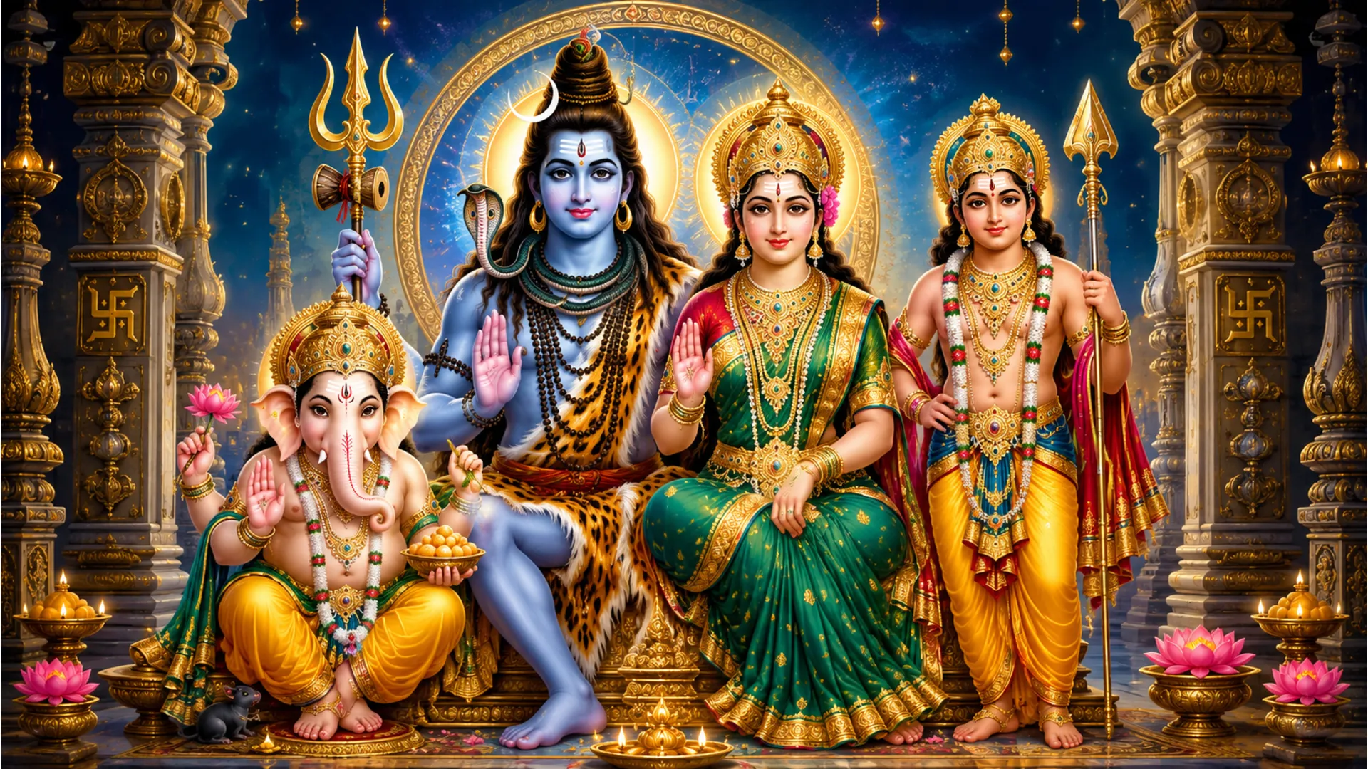 Full Shiva family illustration including Lord Kartikeya, Ganesha, Parvati, and Shiva