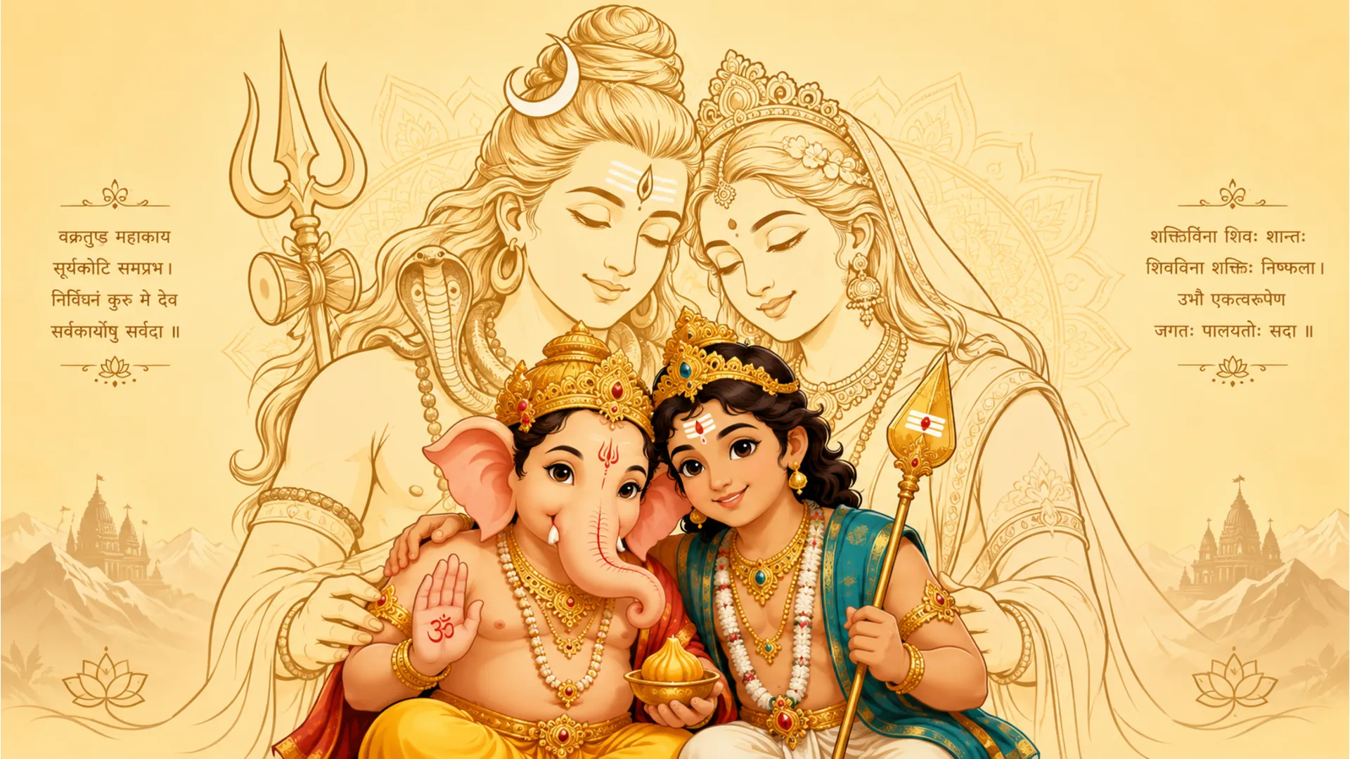 Minimalist line art illustration focusing on the brotherhood of Ganesha and Kartikeya sitting before Shiva and Parvati on a light ochre background.