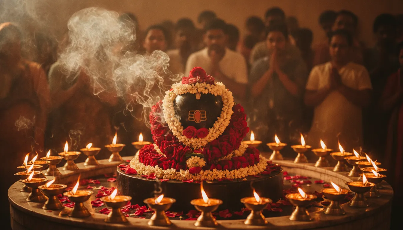 Holy Shivling surrounded by multiple burning brass oil lamps during evening aarti.
