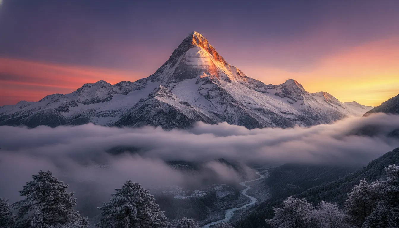 Majestic Kedarnath mountain peak shaped like a Shivling during a golden sunrise.
