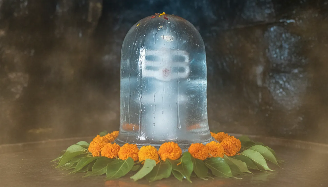 Natural ice Shivling formation inside a stone cave with soft divine light glowing from within.