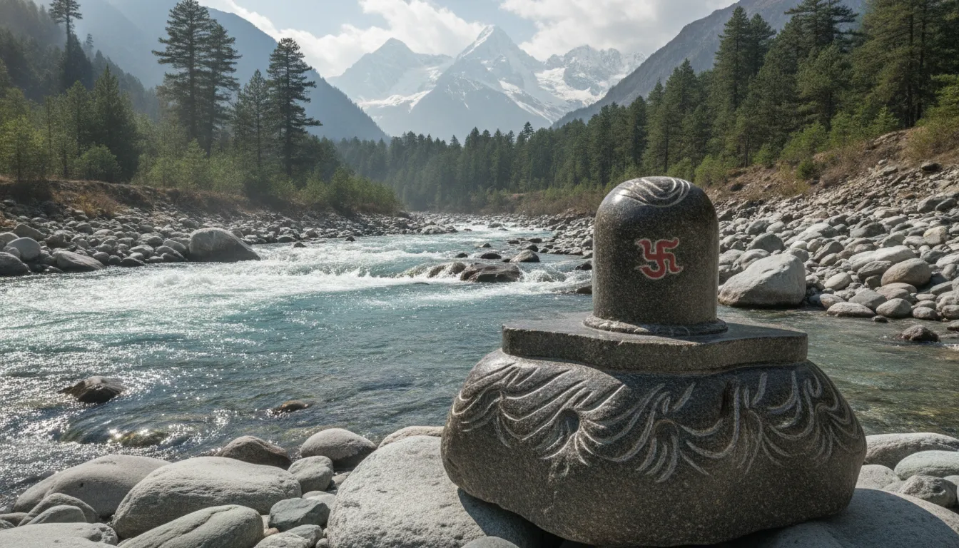 A sacred Shivling placed on the rocky banks of a fast-flowing glacial Himalayan river.