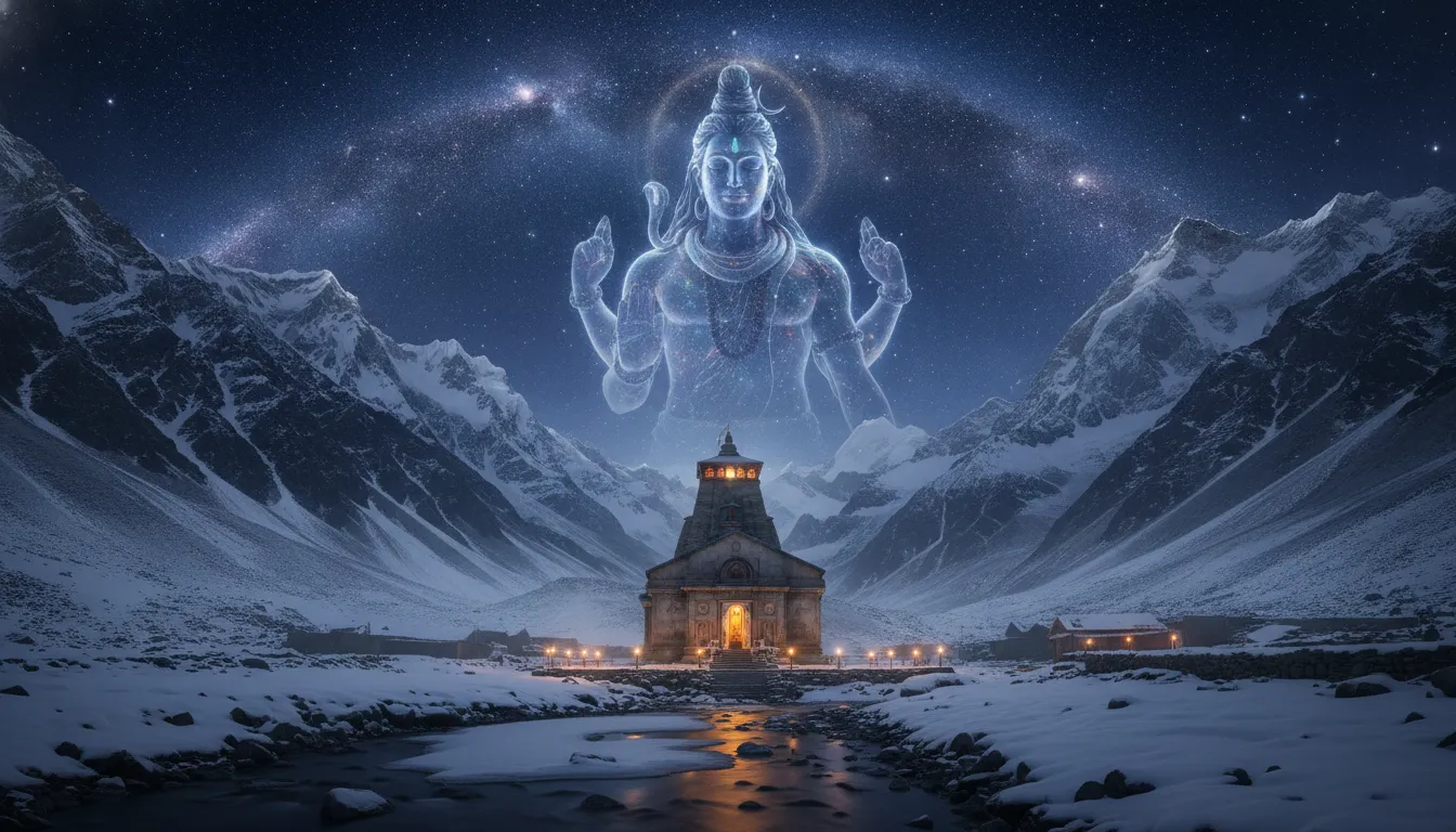 Kedarnath Temple in snow with a giant cosmic shadow of Lord Shiva in the sky and shayari.