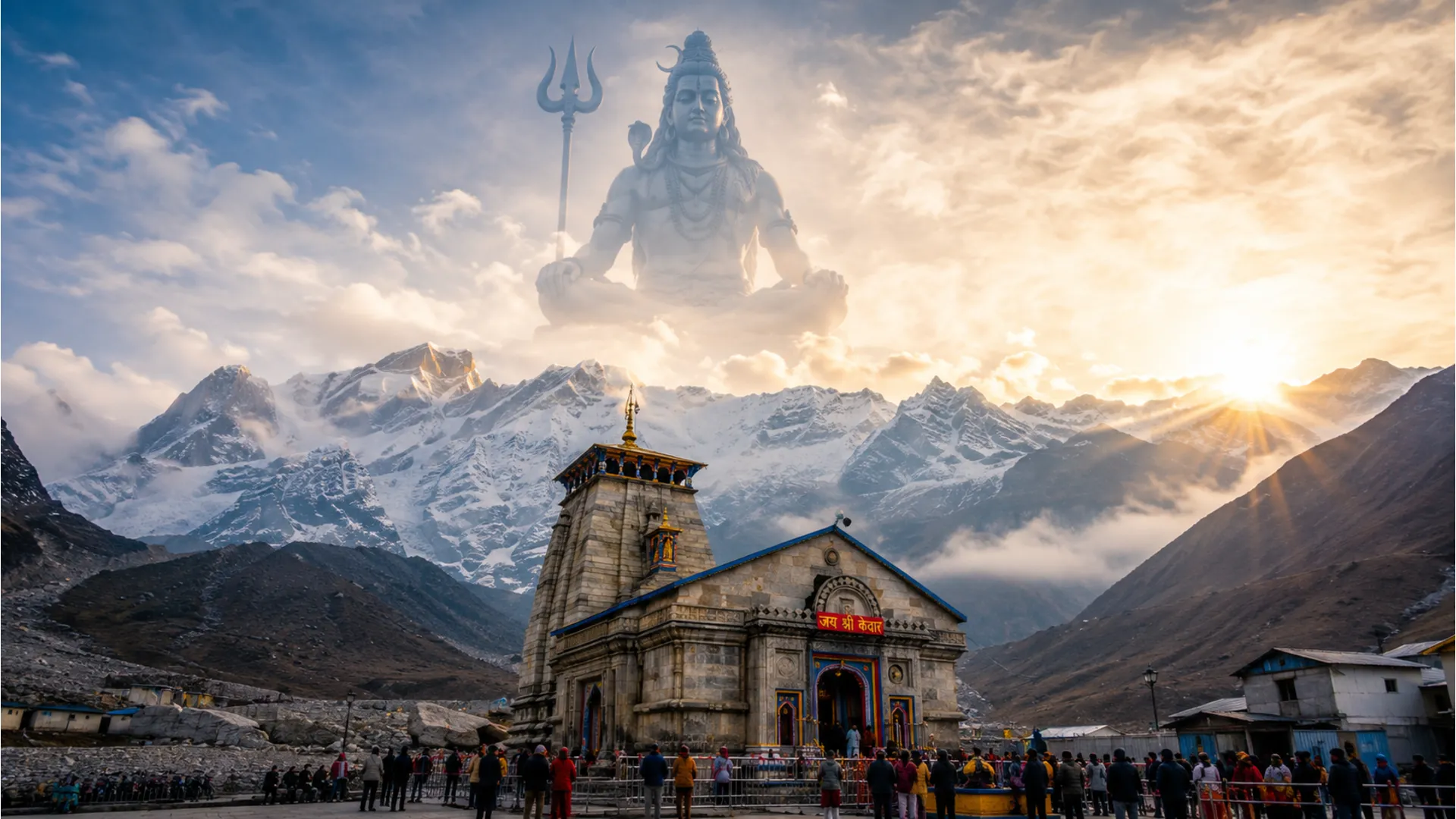 Holy Kedarnath temple with a divine shadow of Lord Shiva in the sky