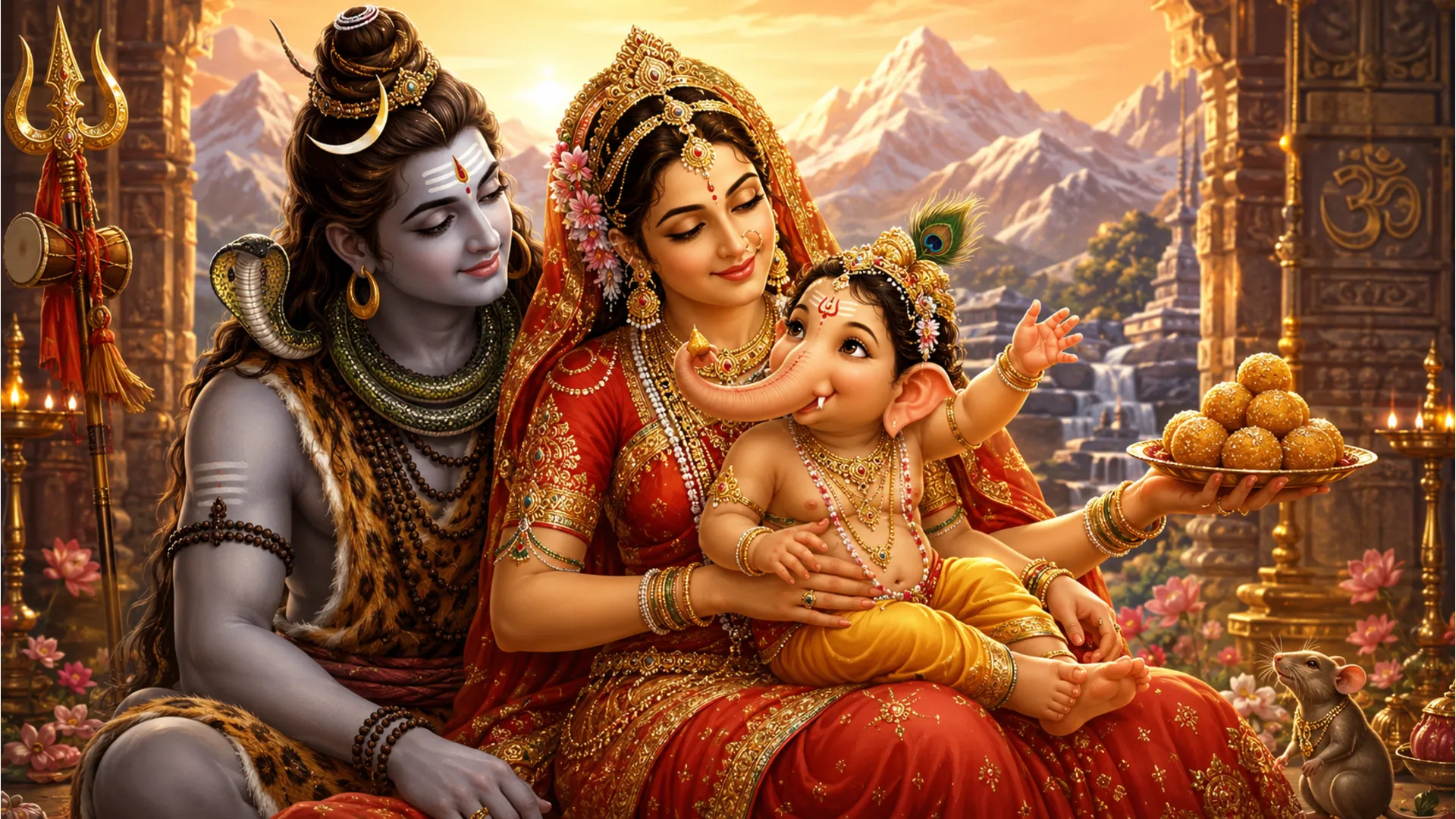 Intricate painting of baby Ganesha playing on Goddess Parvati lap with Shiva watching