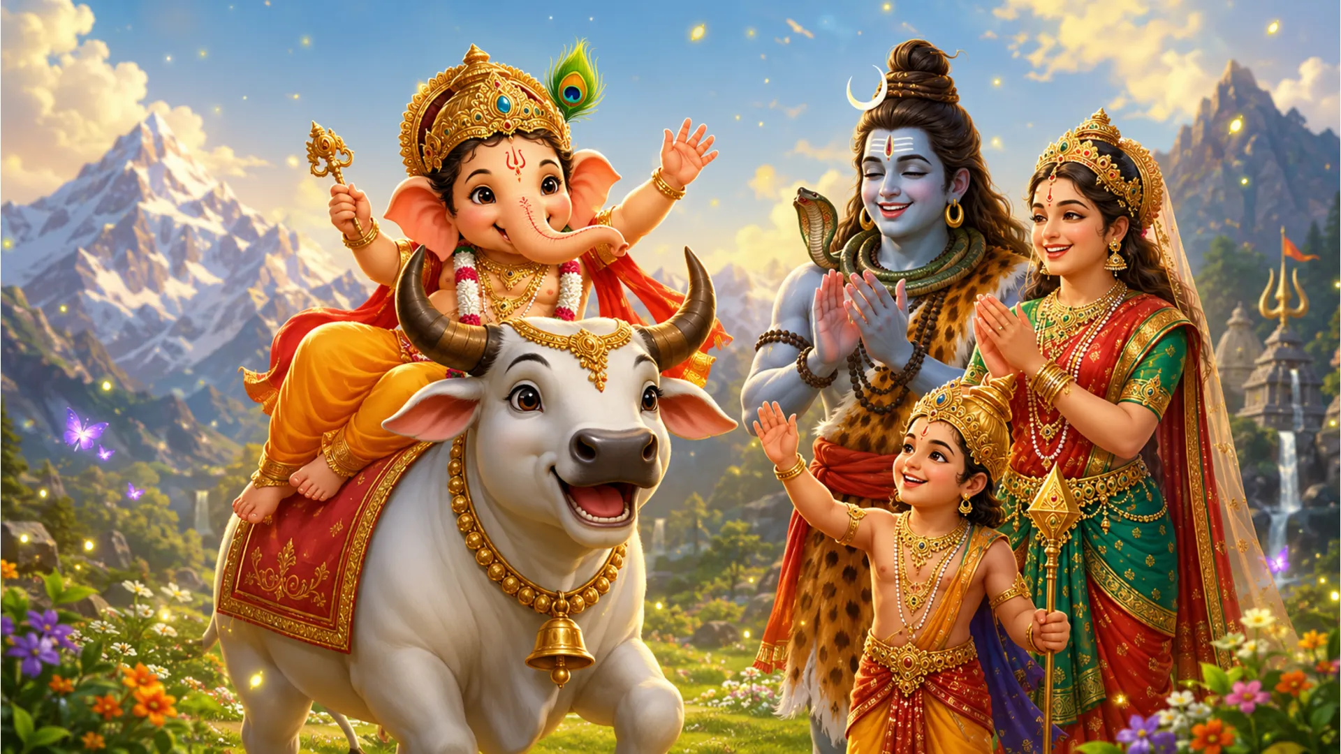 Adorable illustration of baby Ganesha riding Nandi the bull while Shiva, Parvati, and Kartikeya cheer him on.