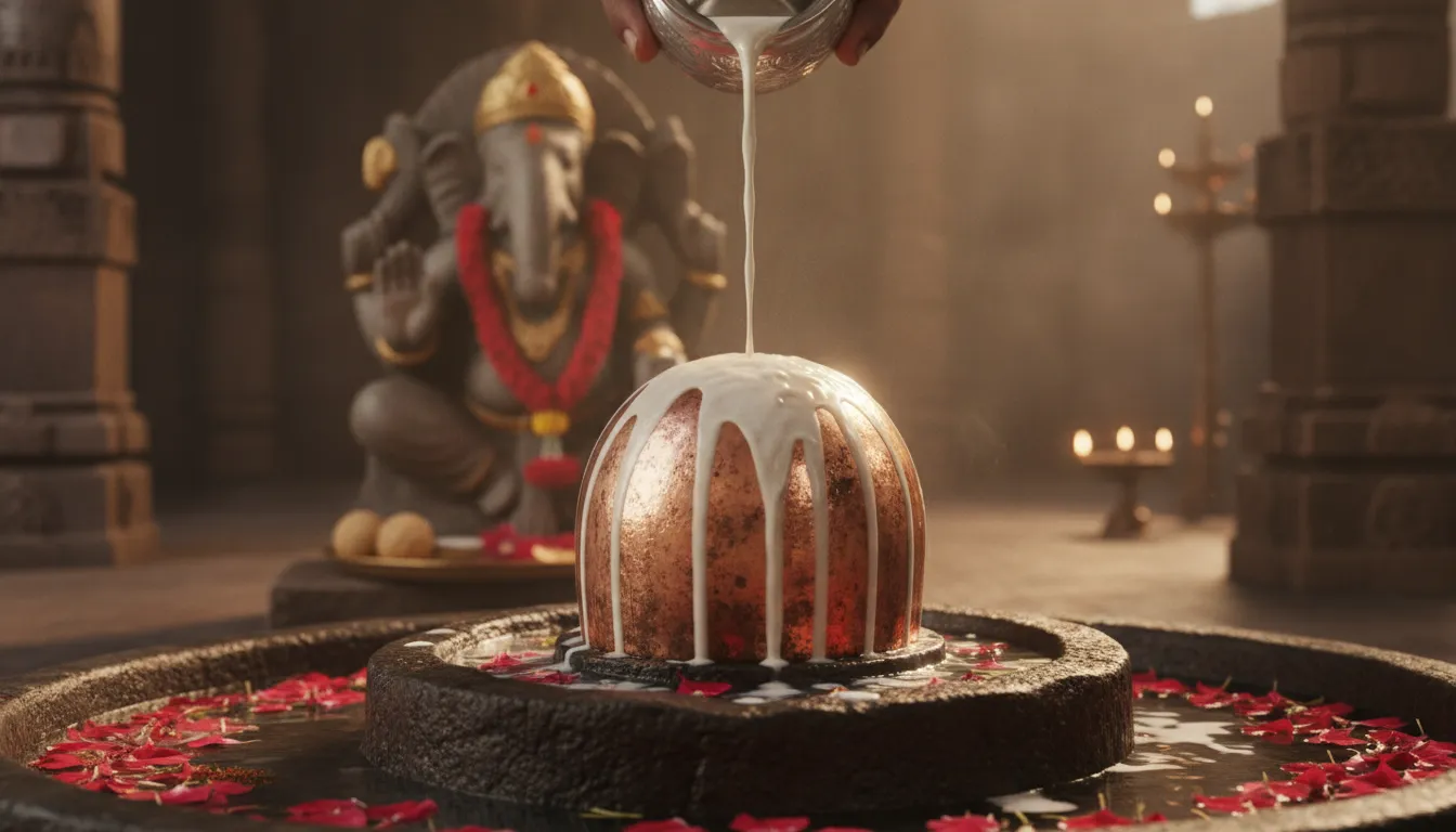 Water droplets falling on a copper Shivling with Lord Ganesha painting in the background