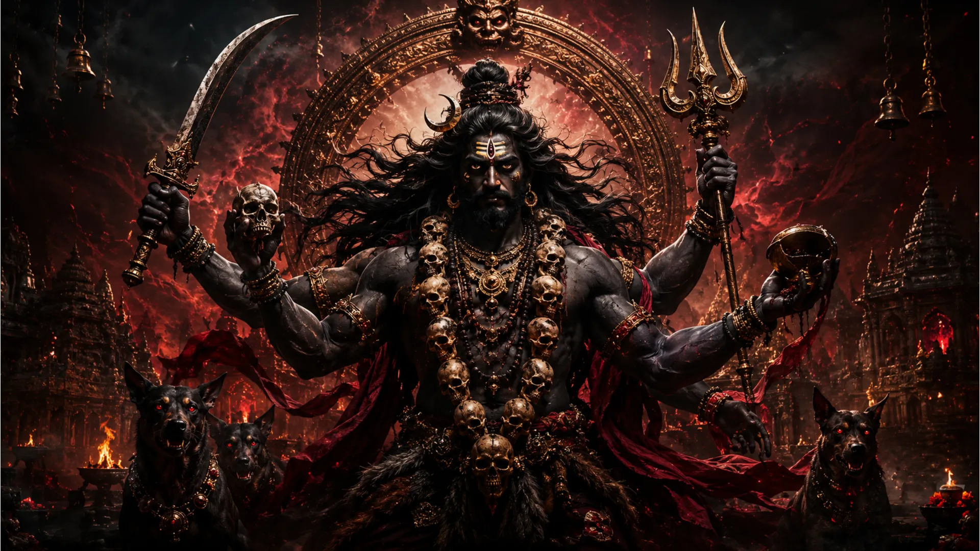 A powerful and intense wallpaper depicting Lord Shiva in his fierce Bhairava form, holding various weapons.