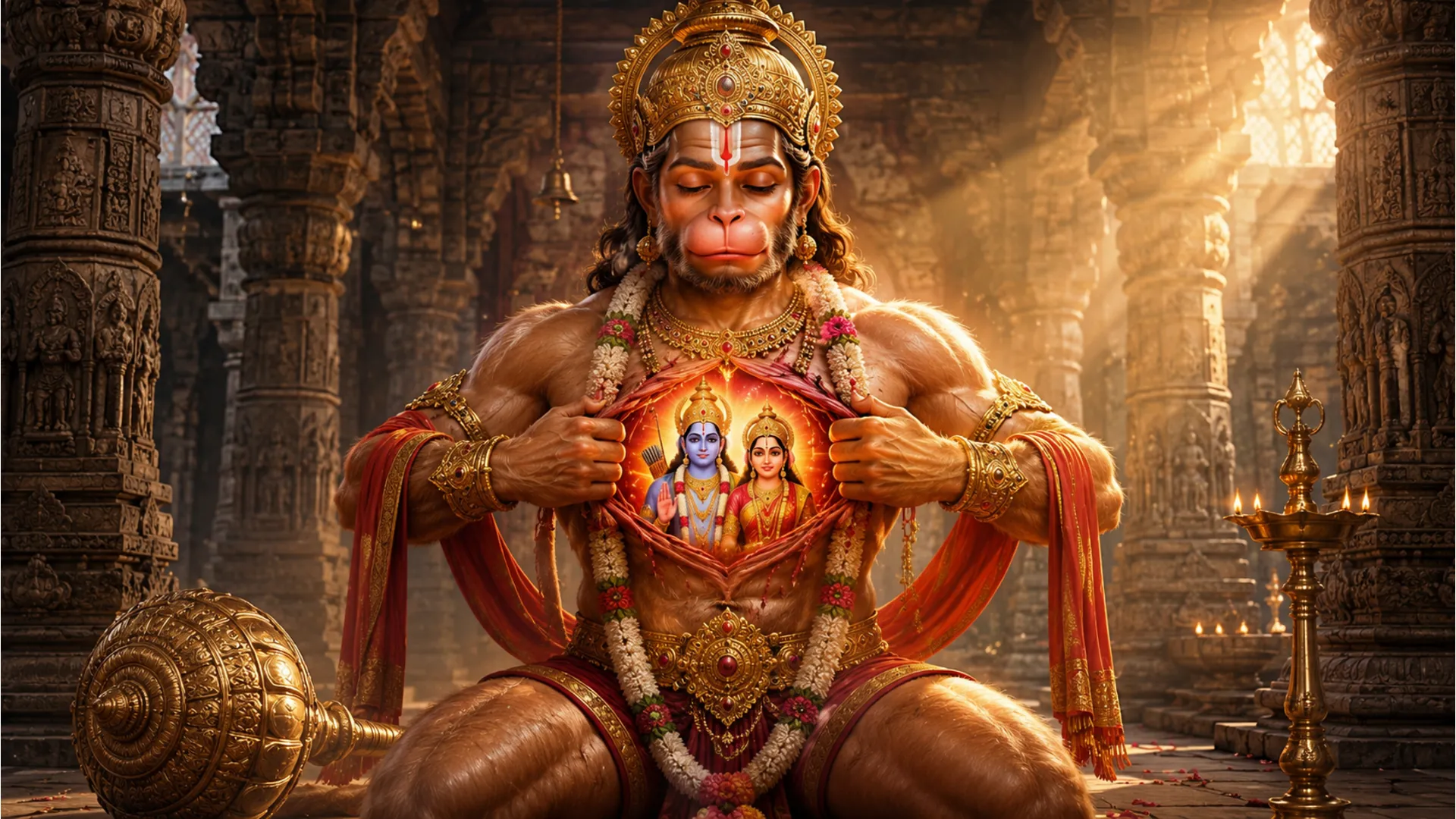 Powerful depiction of Lord Hanuman tearing his chest to reveal Lord Rama and Sita inside his heart in a glowing temple background.