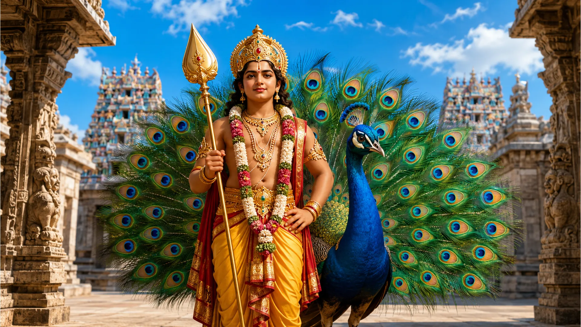 Devotional artwork of young Lord Kartikeya holding his sacred spear standing next to a beautiful peacock in a temple courtyard.
