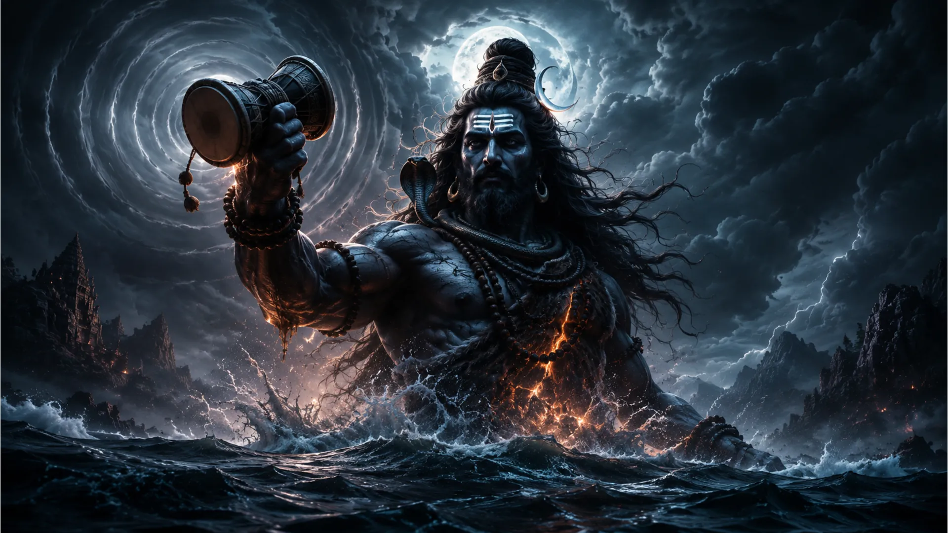 Lord Mahakal in an intense avatar with a roaring lion and a large glowing Damru.
