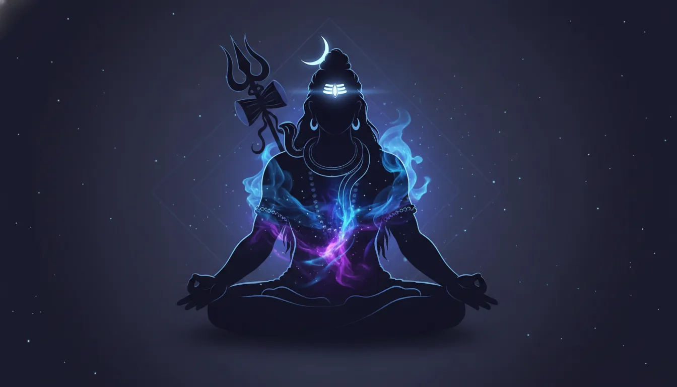Modern abstract silhouette of Lord Shiva with symbols of Trishul and third eye in smoke and fire effects.
