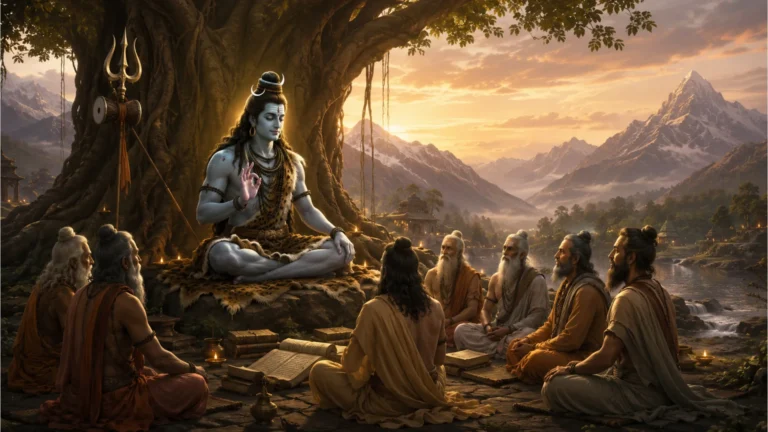 A complex and informative HD image of Lord Shiva instructing the Saptarishis, from "har har mahadev new photos hd."