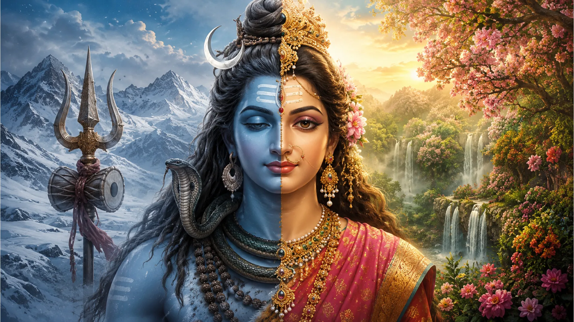 The divine composite form of Lord Shiva and Goddess Parvati as Ardhanarishvara, Har Har Mahadev photo download MP3.