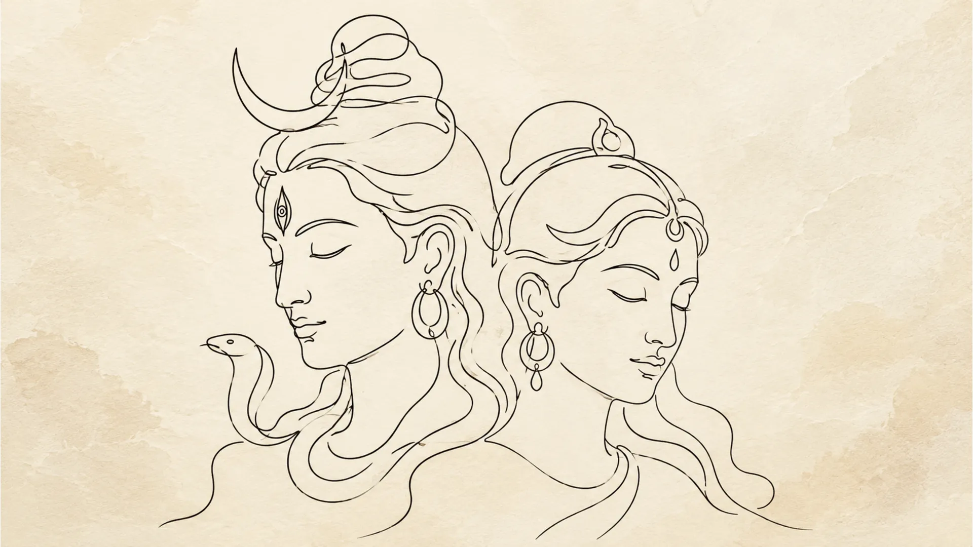 Single-line vector art of Lord Shiva and Goddess Parvati sitting together in a blessing posture on a soft cream background.