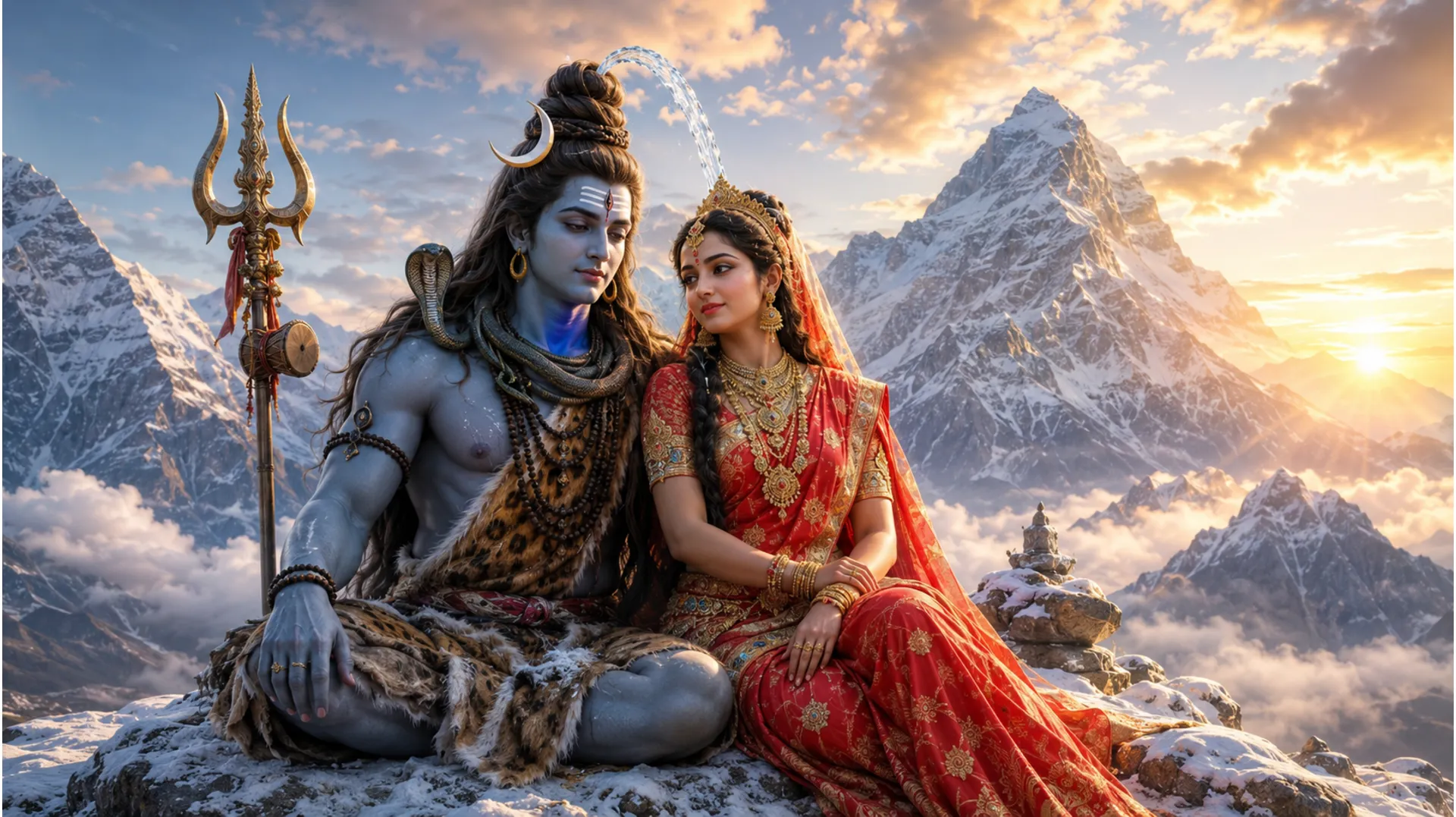 Lord Shiva and Goddess Parvati sitting on Mount Kailash blessing devotees HD wallpaper.