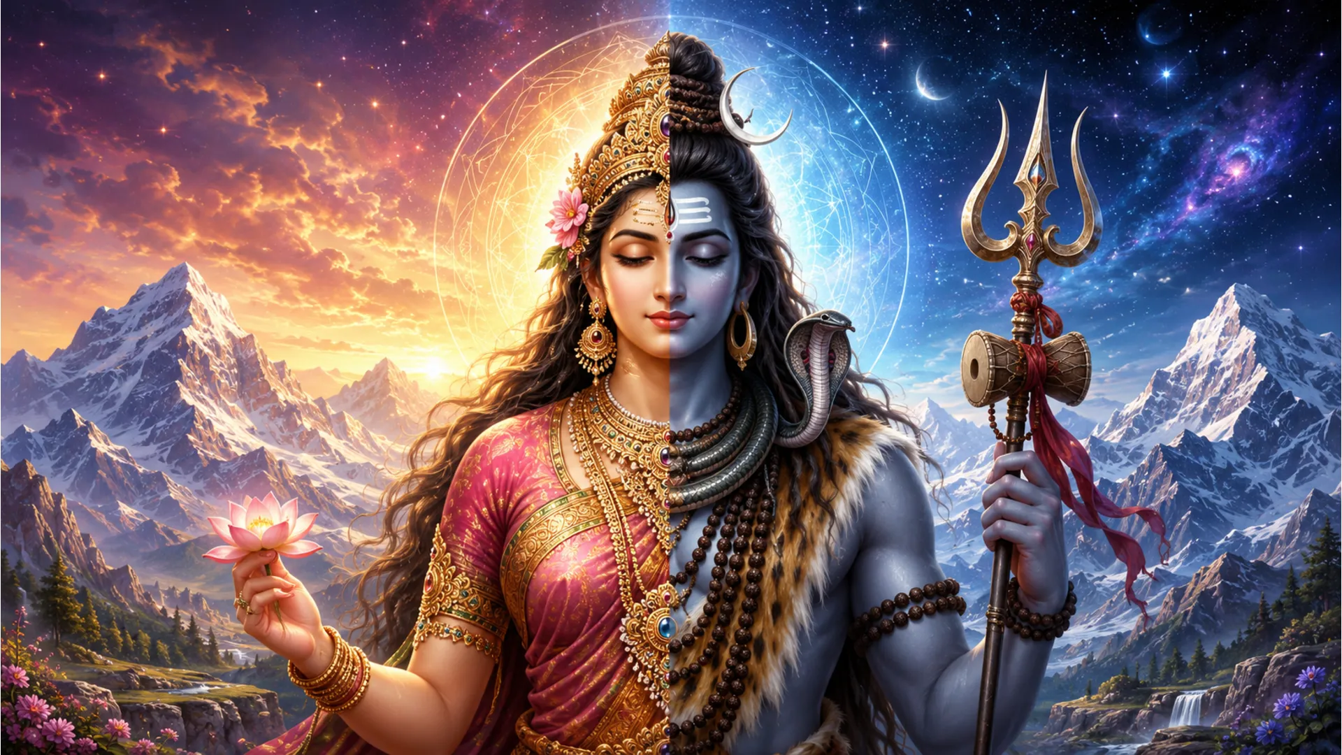 Lord Shiva and Goddess Parvati together in a divine cosmic form 1080p wallpaper.