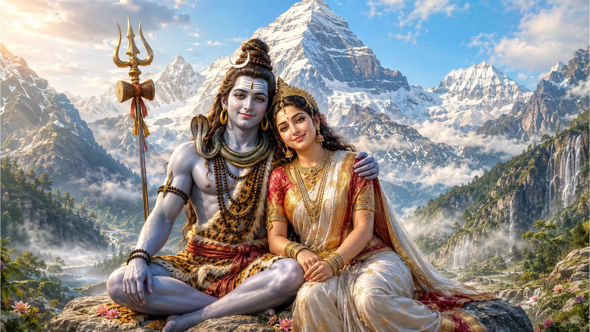 Spiritual wallpaper of Lord Shiva and Goddess Parvati together in Kailash.