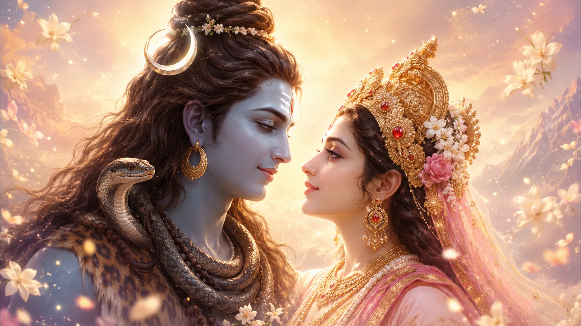Romantic digital painting of Shiva and Parvati sharing a loving glance with soft divine background light.
