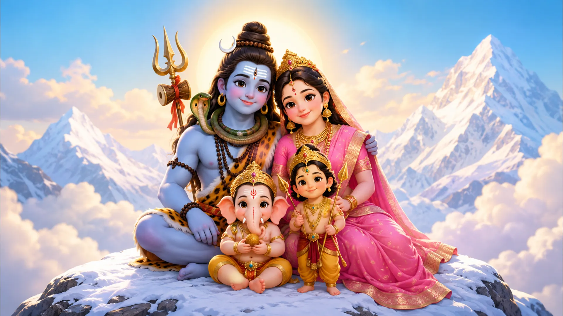 Cute cartoon illustration of Shiva and Parvati blessing young Ganesha and Kartikeya on Mount Kailash.