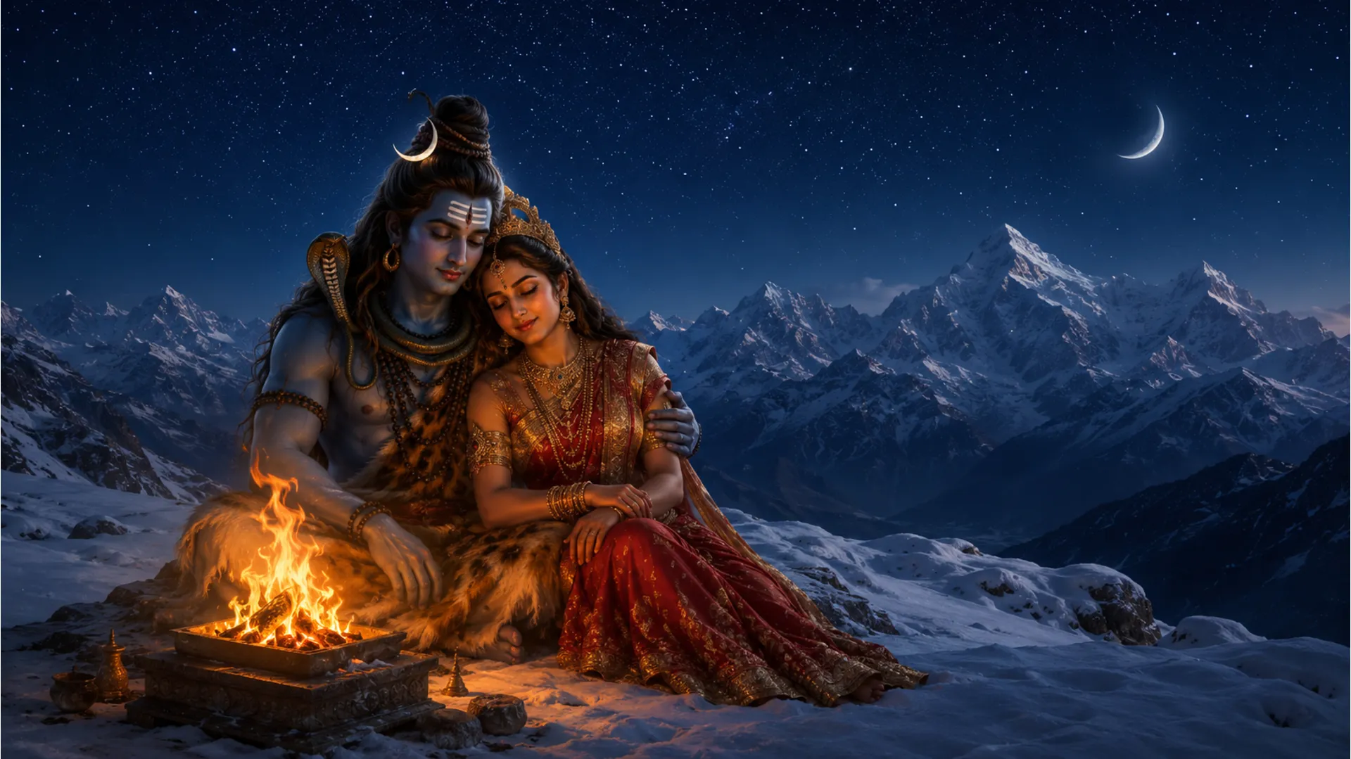 Shiva and Parvati sitting near a sacred fire on a dark snowy mountain night.