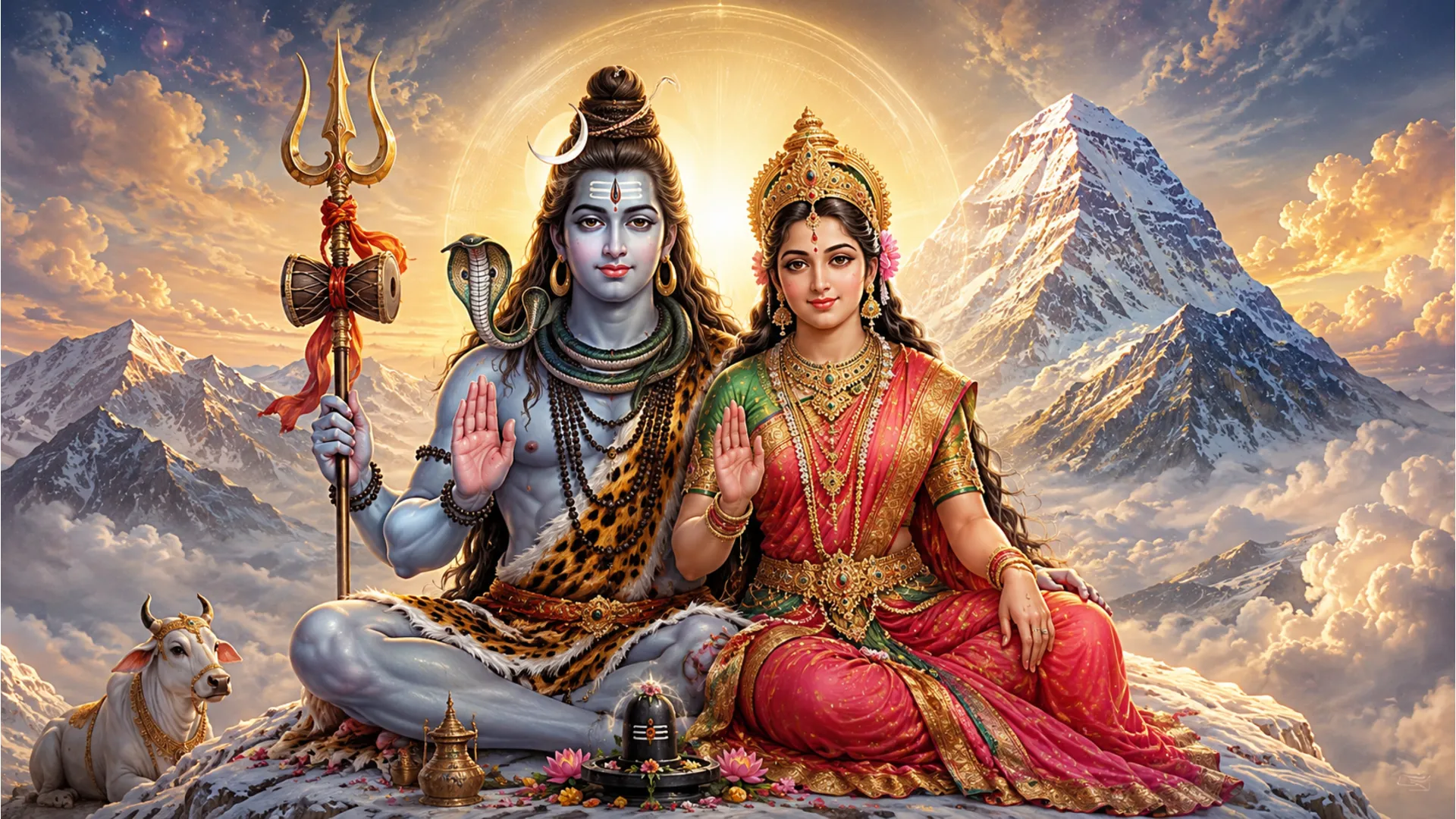 Traditional illustration of Lord Shiva and Goddess Parvati giving blessings together
