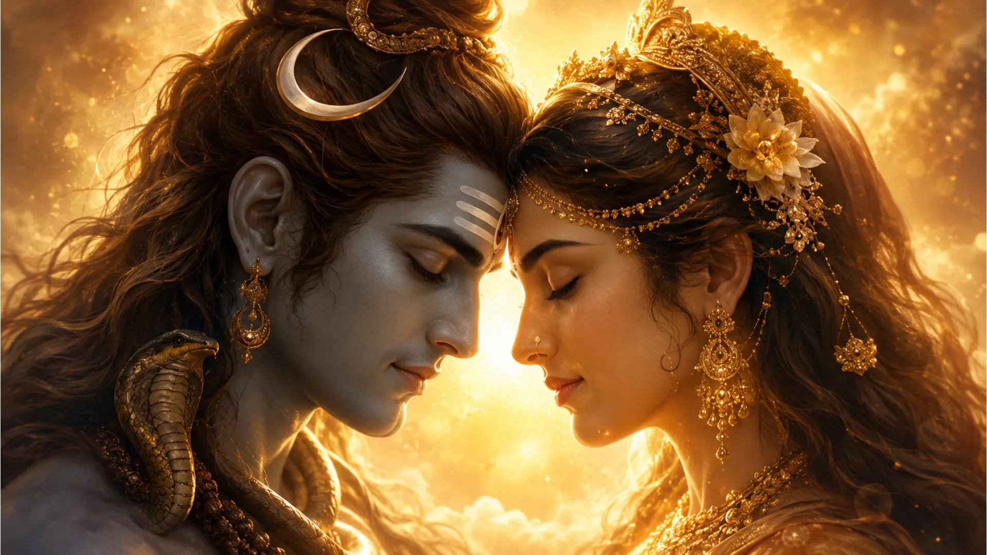 lord shiva and goddess parvati forehead touch romantic spiritual art