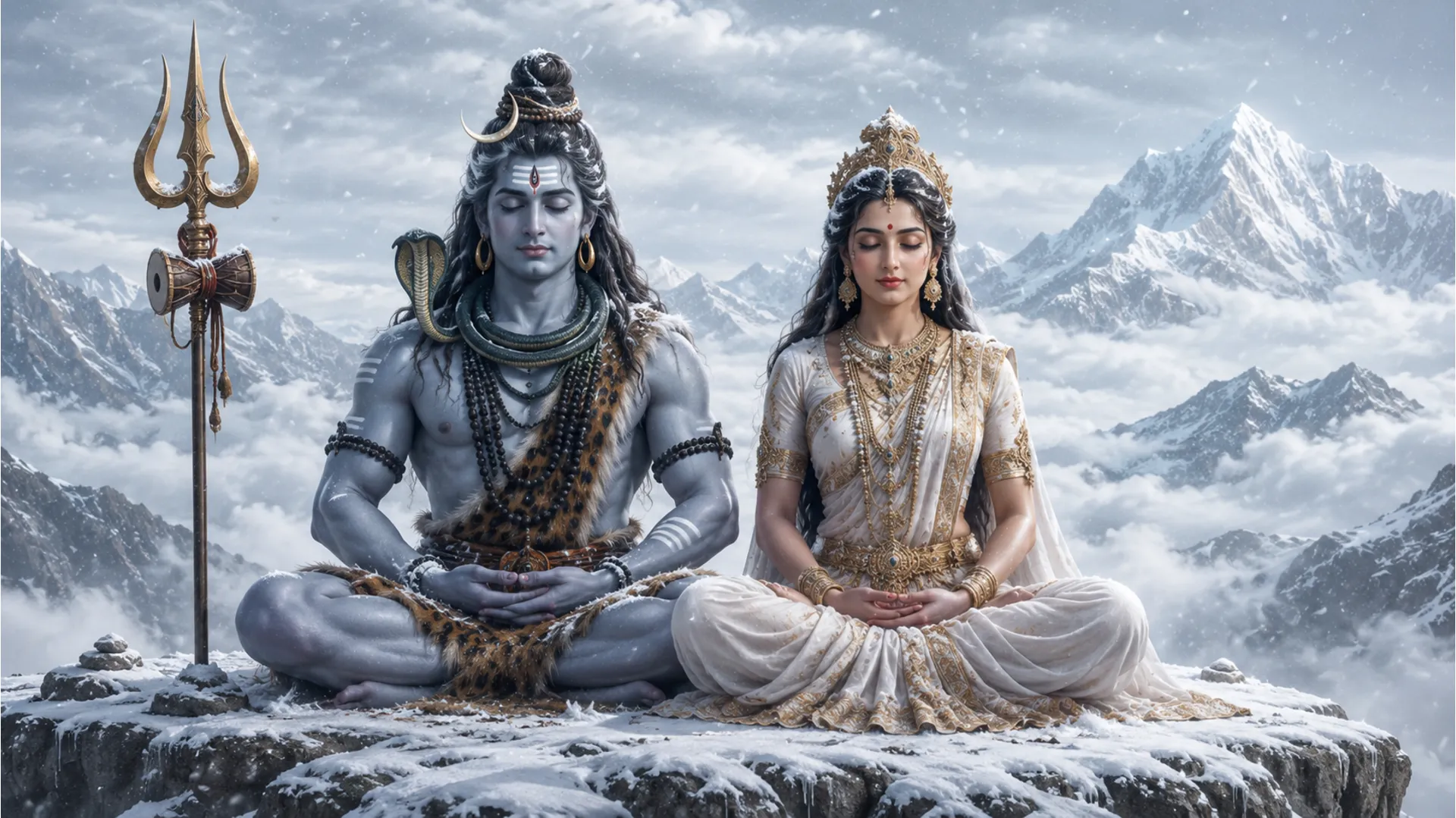 Shiva and Parvati meditating deeply on a snowy mountain during a gentle winter snowfall.