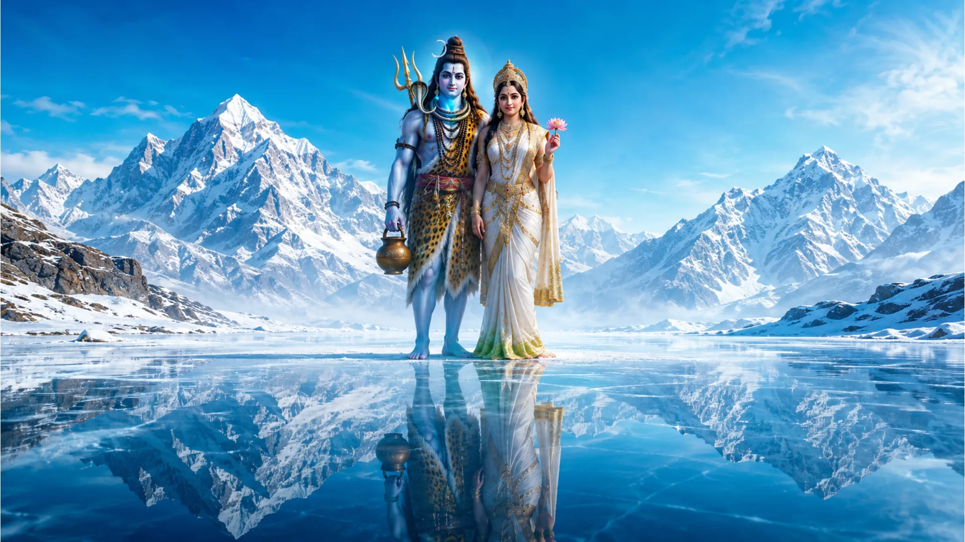 Shiva and Parvati standing next to a crystal clear frozen lake surrounded by snowy mountains.