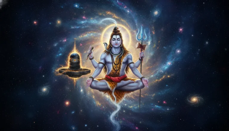 Lord Shiva meditating in deep cosmic space next to a powerful glowing divine Shivling with energy waves.