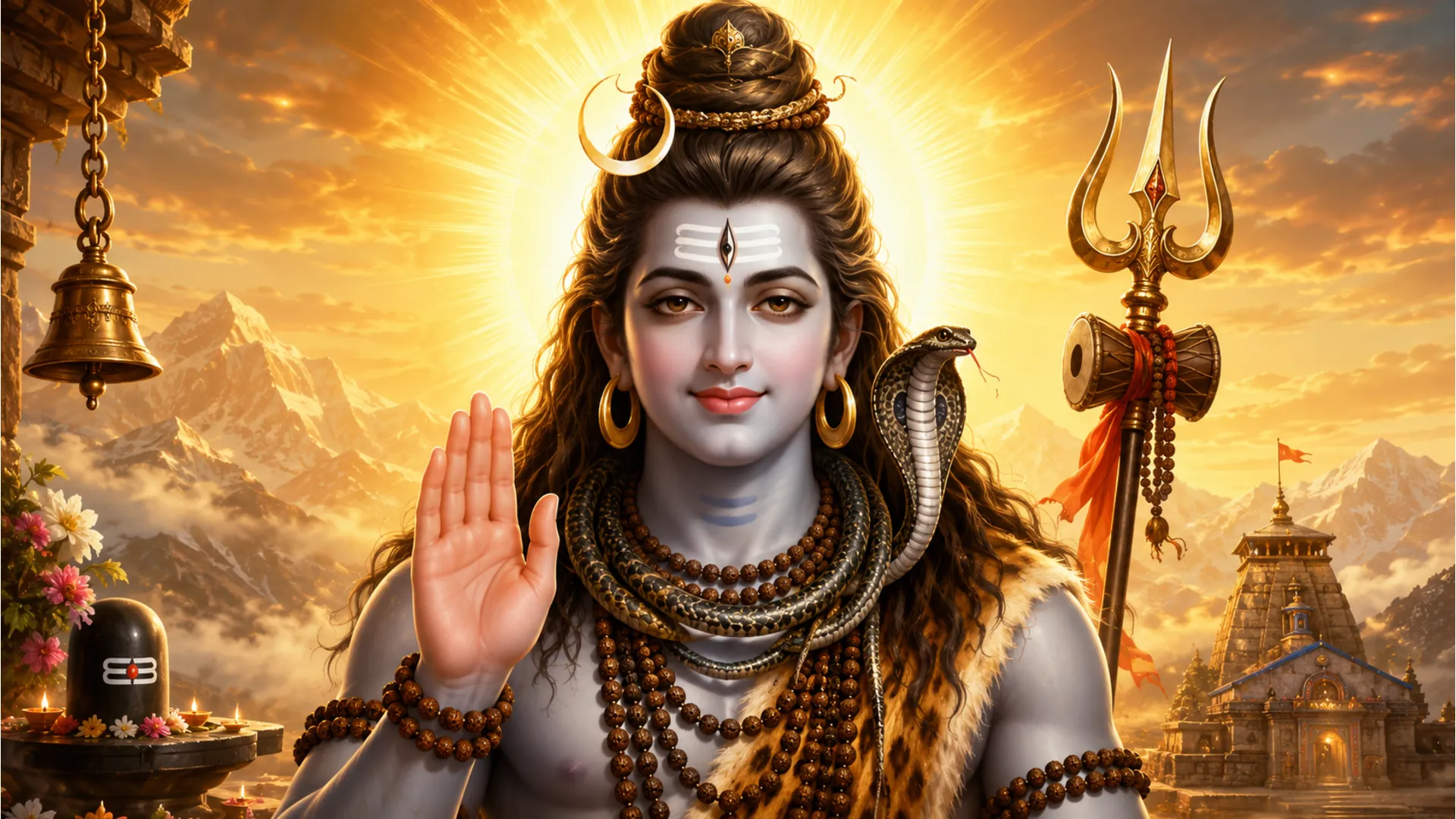 Lord Shiva raising his hand in the Abhaya Mudra blessing gesture with a golden aura.