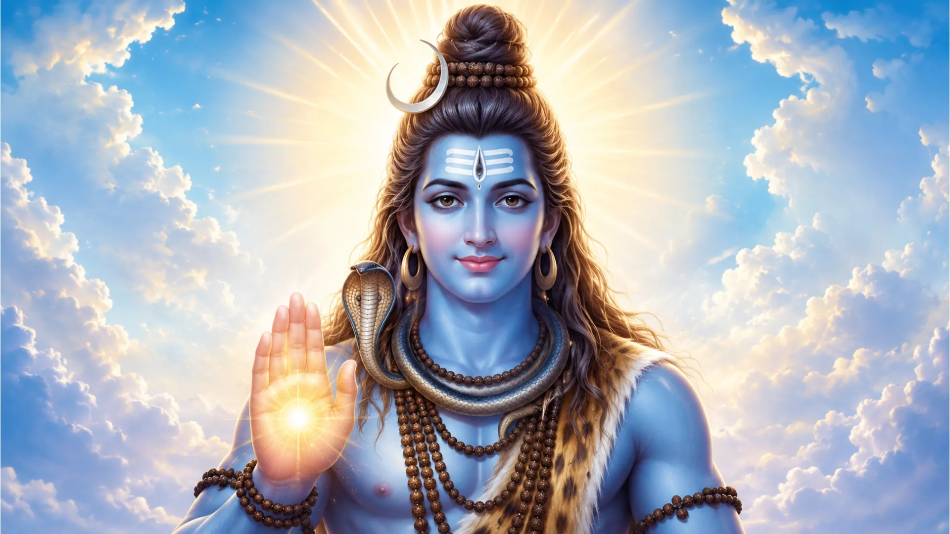 Lord Shiva sitting gracefully with his hand raised in a divine blessing posture.