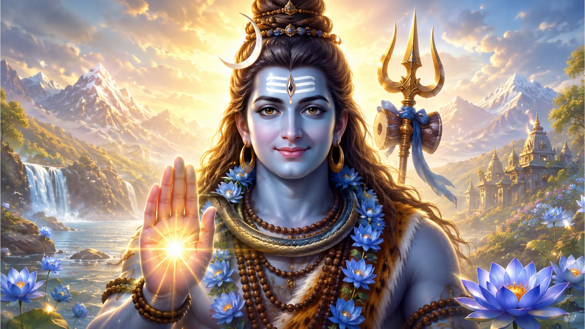 Lord Shiva raising his hand in a divine blessing pose with golden light rays.