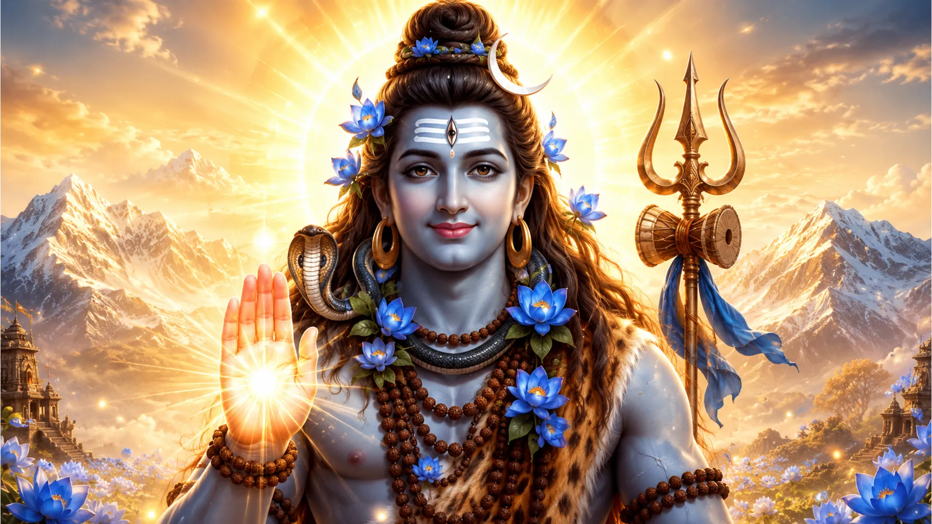 Lord Shiva raising his hand in a divine blessing pose with golden light rays.